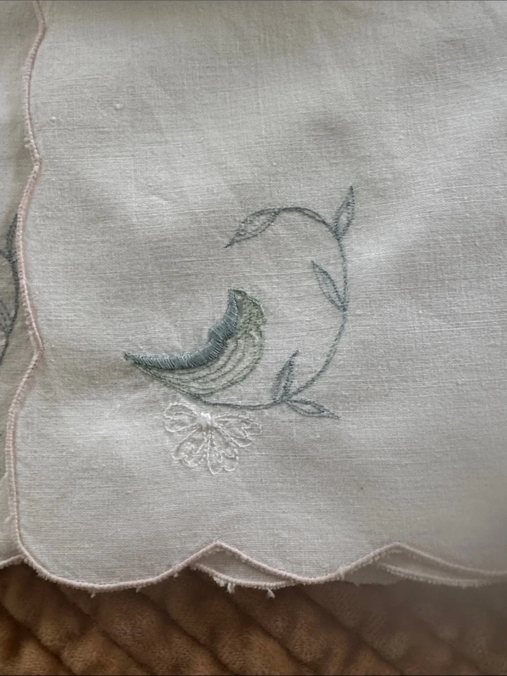 Vintage Embroidered Scalloped Linen Napkin with Pastel Floral Motif Set of 6